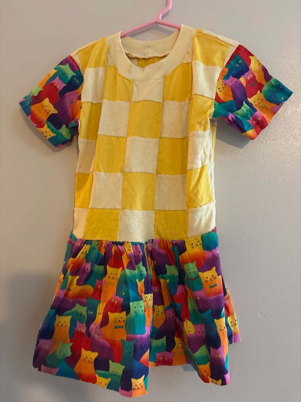 Vintage Style Handmade Girls Rainbow Cat Print Patchwork Checkerboard Dress